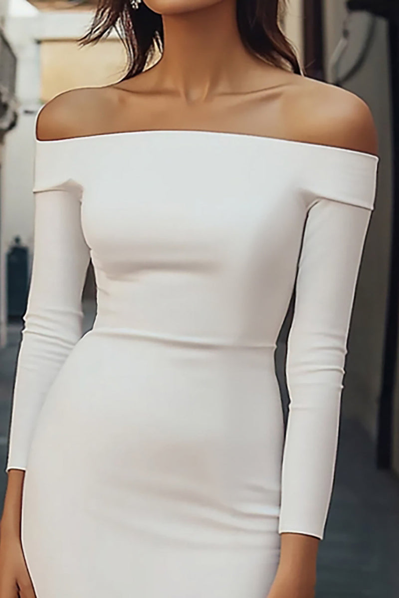 Load image into Gallery viewer, White Sheath Off the Shoulder Satin Mini Graduation Dress
