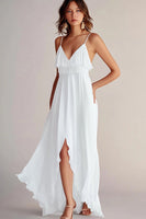 Load image into Gallery viewer, Women White V-Neck Flowy Bridal Shower Dress with Slit Spaghetti Straps Long Little White Dress
