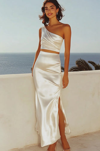 Ivory 2 Piece One Shoulder Sheath Engagement Dress with Slit