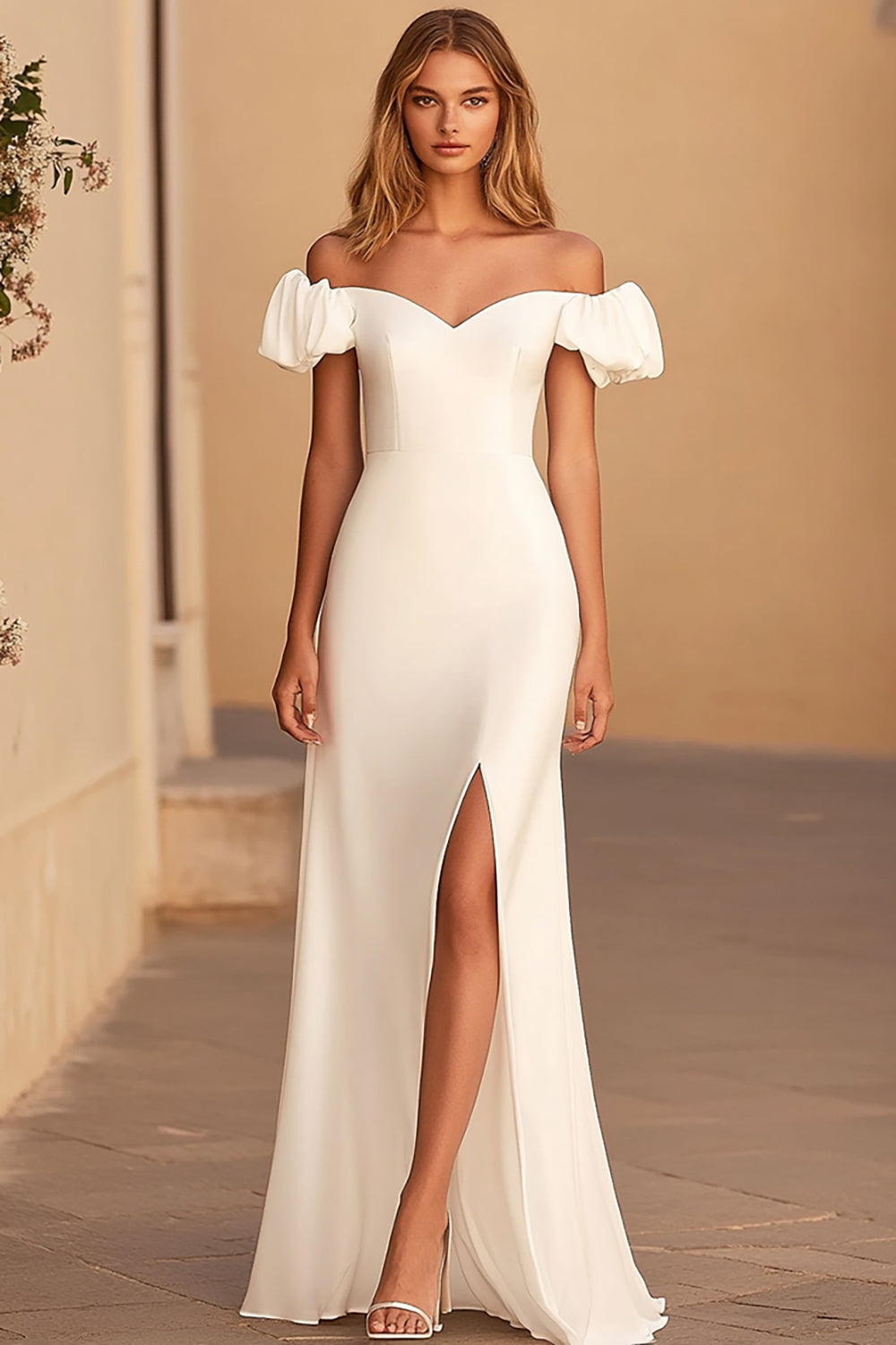 White Off the Shoulder Satin Long Engagement  Dress with Puff Sleeves