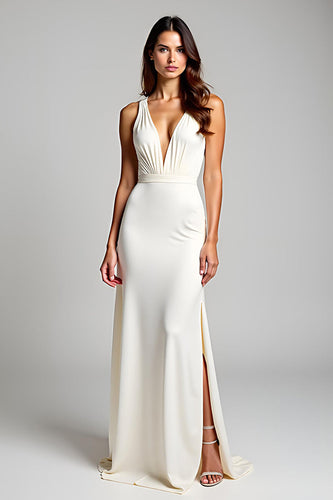 Ivory Sheath V-Neck Long Engagement Dress with Slit
