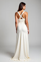 Load image into Gallery viewer, Ivory Sheath V-Neck Long Engagement Dress with Slit