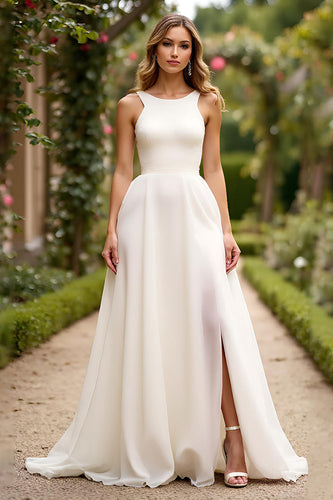 Ivory A Line Sleeveless Long Engagement Dress with Slit