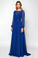 Load image into Gallery viewer, Royal Blue Scoop Ruched Mother of the Bride Dress with Long Sleeves
