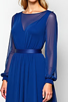 Load image into Gallery viewer, Royal Blue Scoop Ruched Mother of the Bride Dress with Long Sleeves