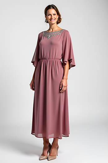Beaded Vintage Mauve Scoop Mother of the Bride Dress with Half Sleeves