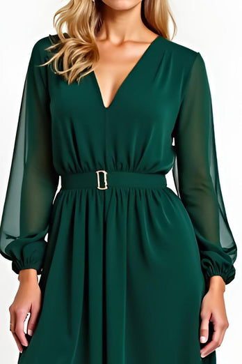 A Line Dark Green Chiffon Tea-Length Mother of the Bride Dress
