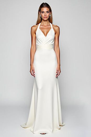 White Halter Sheath Satin Long Engagement  Dress