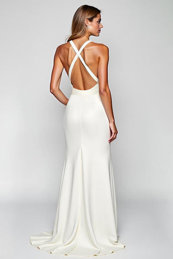 White Halter Sheath Satin Long Engagement  Dress