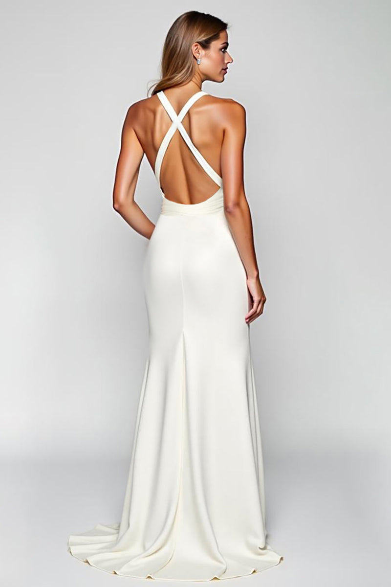 Load image into Gallery viewer, White Halter Sheath Satin Long Engagement  Dress