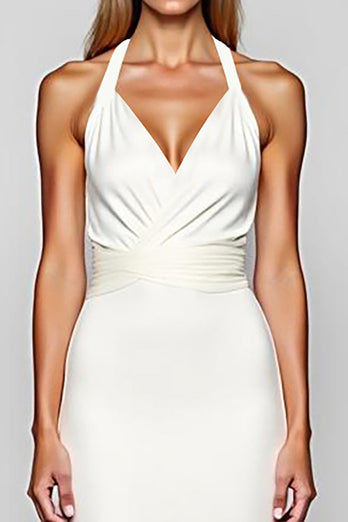 White Halter Sheath Satin Long Engagement  Dress