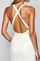 Load image into Gallery viewer, White Halter Sheath Satin Long Engagement  Dress