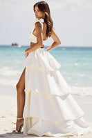 Load image into Gallery viewer, White 2 Piece A Line Satin Tiered Long Engagement Dress with Slit