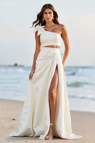 White One Shoulder Satin Long Engagement Dress with Slit