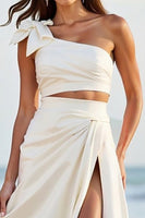 Load image into Gallery viewer, White One Shoulder Satin Long Engagement Dress with Slit