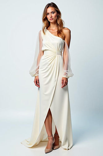 Ivory One Shoulder Crepe Long Engagement Dress with Long Sheer Sleeves