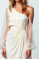 Load image into Gallery viewer, Ivory One Shoulder Crepe Long Engagement Dress with Long Sheer Sleeves