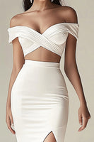 Load image into Gallery viewer, White Off the Shoulder Ruched Graduation Dress with Slit