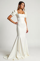 Load image into Gallery viewer, Ivory Square Neck Mermaid Crepe Long Rehearsal Dinner Dress with Puff Sleeves