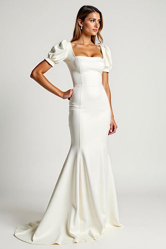 Ivory Square Neck Mermaid Crepe Long Rehearsal Dinner Dress with Puff Sleeves
