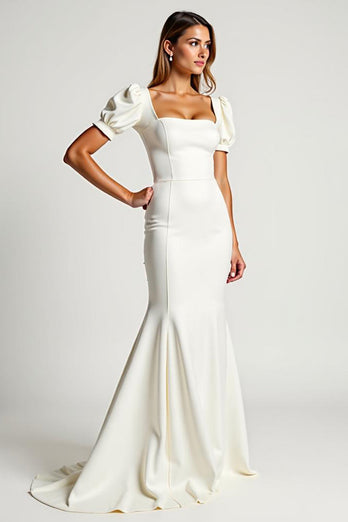 Ivory Square Neck Mermaid Crepe Long Rehearsal Dinner Dress with Puff Sleeves