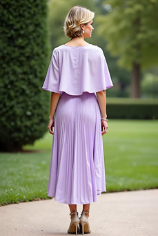 Lilac Cape Pleated Tea Length Mother of the Bride Dress