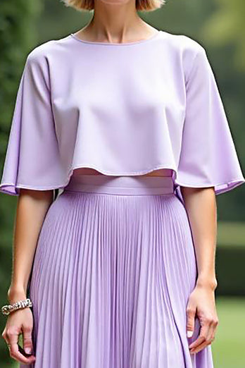 Lilac Cape Pleated Tea Length Mother of the Bride Dress