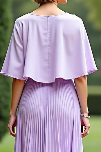 Lilac Cape Pleated Tea Length Mother of the Bride Dress