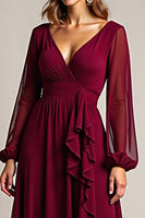 Load image into Gallery viewer, Burgundy Chiffon Long Mother of the Bride Dress with Ruffles