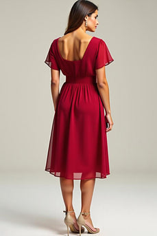 Red V-Neck Knee Length Chiffon Mother of the Bride Dress with Short Sleeves