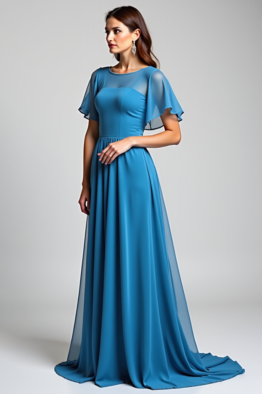 Blue Long Chiffon Mother of the Bride Dress with Short Sleeves