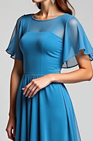 Load image into Gallery viewer, Blue Long Chiffon Mother of the Bride Dress with Short Sleeves