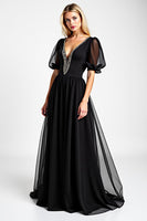 Load image into Gallery viewer, Black Long Chiffon Beaded Mother of the Bride Dress with Puff Sheer Sleeves