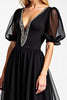 Load image into Gallery viewer, Black Long Chiffon Beaded Mother of the Bride Dress with Puff Sheer Sleeves