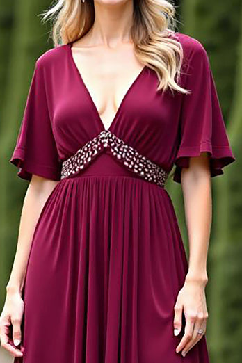 Burgundy Chiffon V-Neck Mother of the Bride Dress with Beading