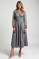 Load image into Gallery viewer, Grey Chiffon Embroideried Mother of the Bride Dress with Long Sleeves