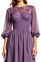 Load image into Gallery viewer, Plum Chiffon High Low Mother of the Bride Dress with Long Sleeves