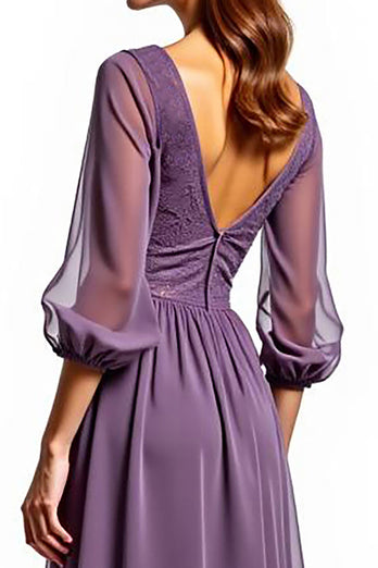 Plum Chiffon High Low Mother of the Bride Dress with Long Sleeves