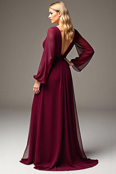 Burgundy Chiffon V-Neck Ruched Long Mother of the Bride Dress