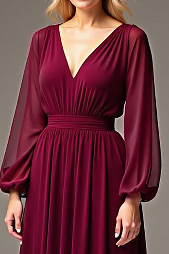 Burgundy Chiffon V-Neck Ruched Long Mother of the Bride Dress