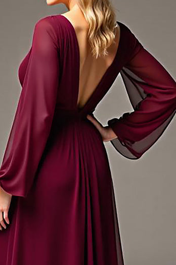 Burgundy Chiffon V-Neck Ruched Long Mother of the Bride Dress