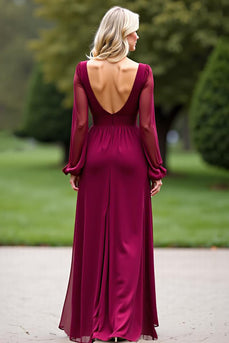Burgundy V-Neck Backless Long Chiffon Mother of the Bride Dress with Slit