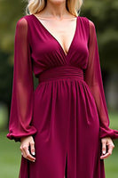 Load image into Gallery viewer, Burgundy V-Neck Backless Long Chiffon Mother of the Bride Dress with Slit