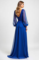 Load image into Gallery viewer, Royal Blue Chiffon Embroderied Mother of the Bride Dress with Long Sleeves