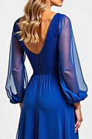 Load image into Gallery viewer, Royal Blue Chiffon Embroderied Mother of the Bride Dress with Long Sleeves