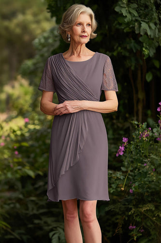 Dusk Ruched Knee Length Chiffon Mother of the Bride Dress with Lace