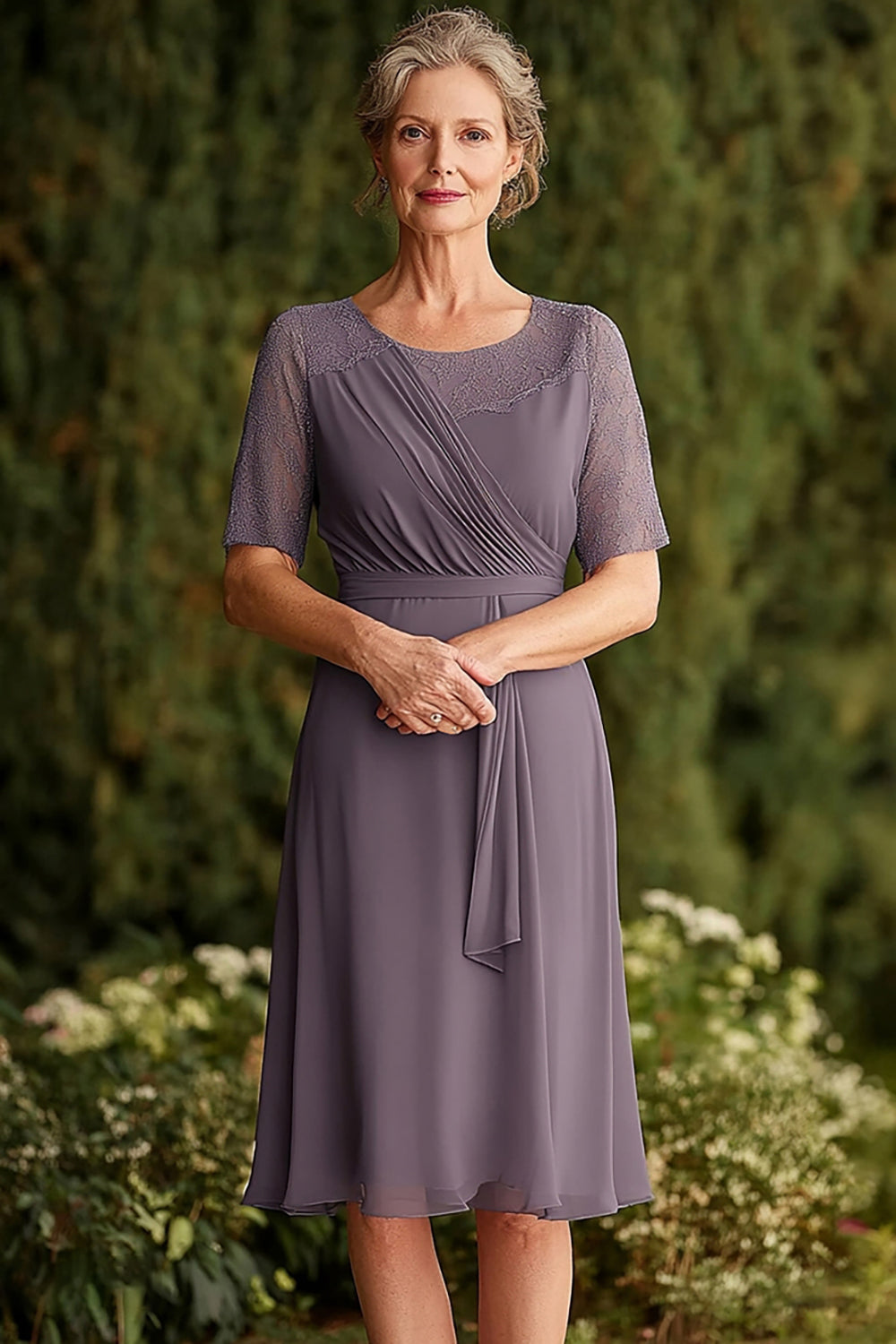 Dusk Knee Length Chiffon Mother of the Bride Dress with Lace