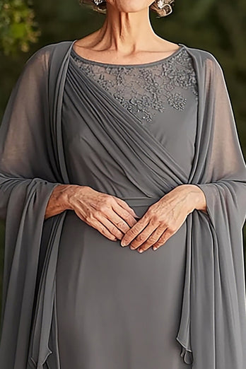 Grey Tea Length Chiffon Mother of the Bride Dress with Shawl