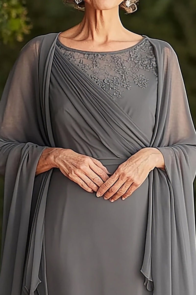 Load image into Gallery viewer, Grey Tea Length Chiffon Mother of the Bride Dress with Shawl
