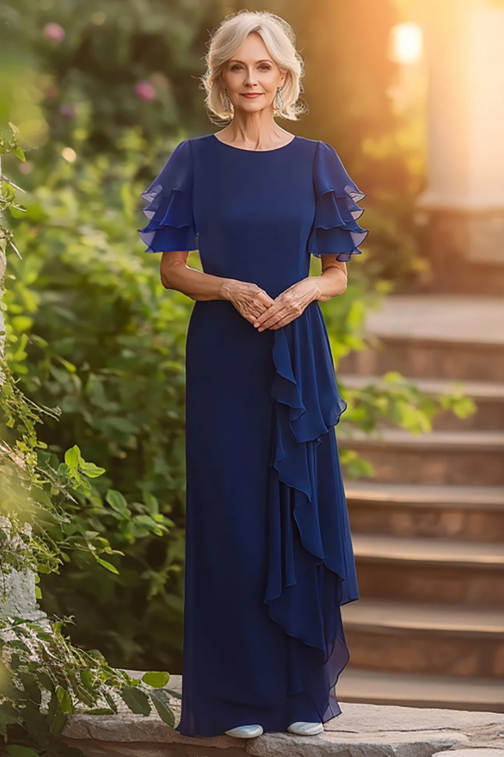 Navy Sheath Long Chiffon Mother of the Bride Dress with Tiered Sleeves